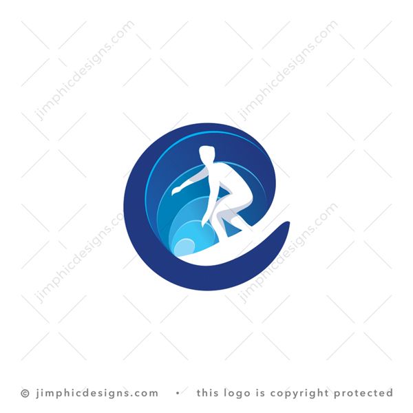 Surf Logo logo for sale: Modern round wave design featuring a negative space surfboard with a surfer riding the wave.