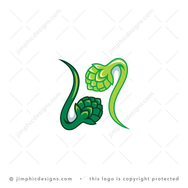 H Hops Logo logo for sale: Two smooth hops plants growing in opposite directions creating a white letter H design.