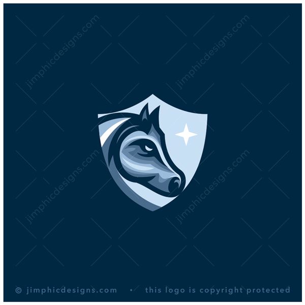 Horse Logo logo for sale: Modern and bold horse head design inside an iconic shield design featuring a white star.