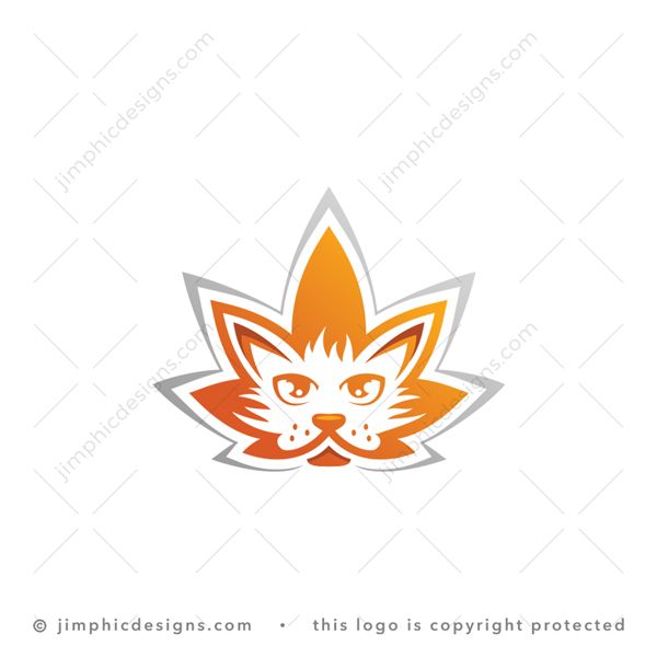 CBD Cat Logo logo for sale: Smooth pet cat face is designed into the shape of an iconic cannabis leaf plant.