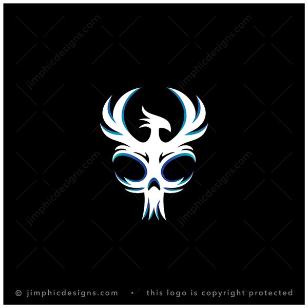 Phoenix Skull Logo logo for sale: Modern Phoenix bird spreading it's wings wide and shaping a negative space skull.