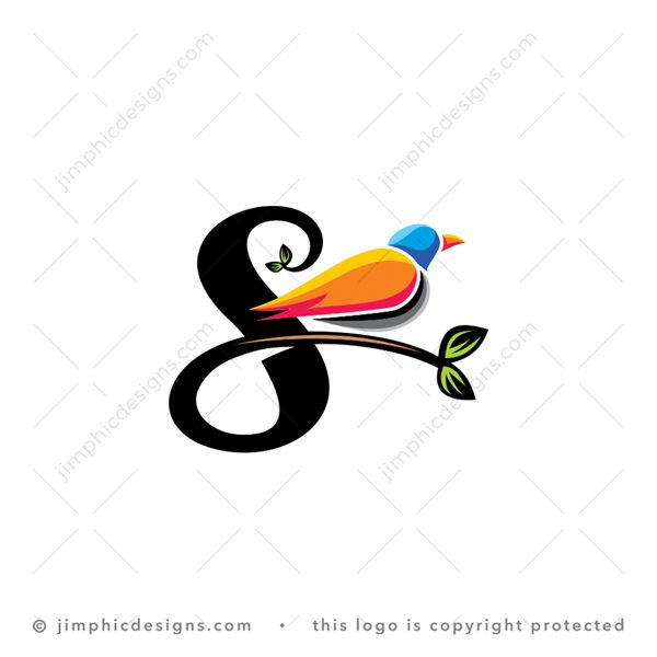 S Bird Logo logo for sale: Modern and friendly bird design sitting on a branch attached to a smooth letter S design.