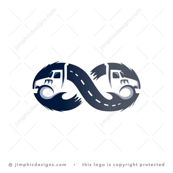 Transport Logo logo for sale: An iconic infinity symbol design is connected with a moving road and shaping two trucks in white negative space, driving in the opposite directions.