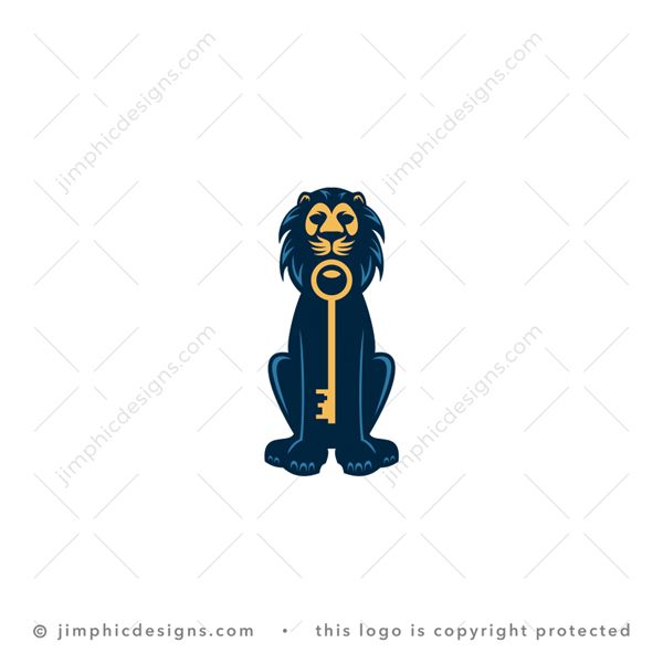 Lion Key Logo logo for sale: Modern and upright lion design sitting proudly and holding a big set of keys in his mouth.