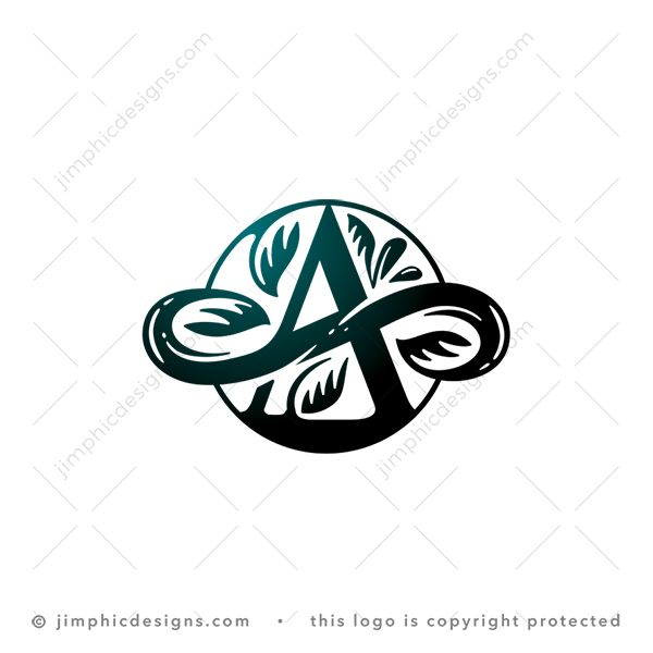 Nature A Logo logo for sale: Modern uppercase letter A design inside a circle with leaves surrounding the letter in an infinity symbol.