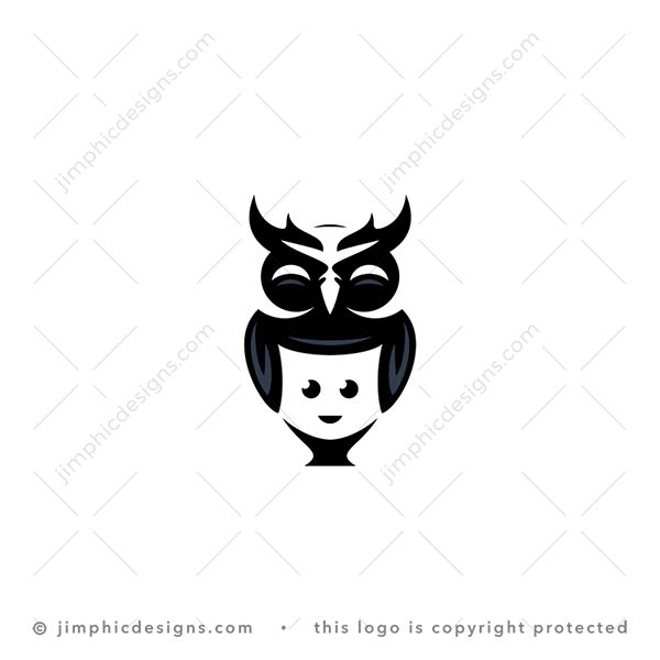 Owl Lady Logo logo for sale: Modern and simplistic owl bird with a smiling lady shaped inside his chest.