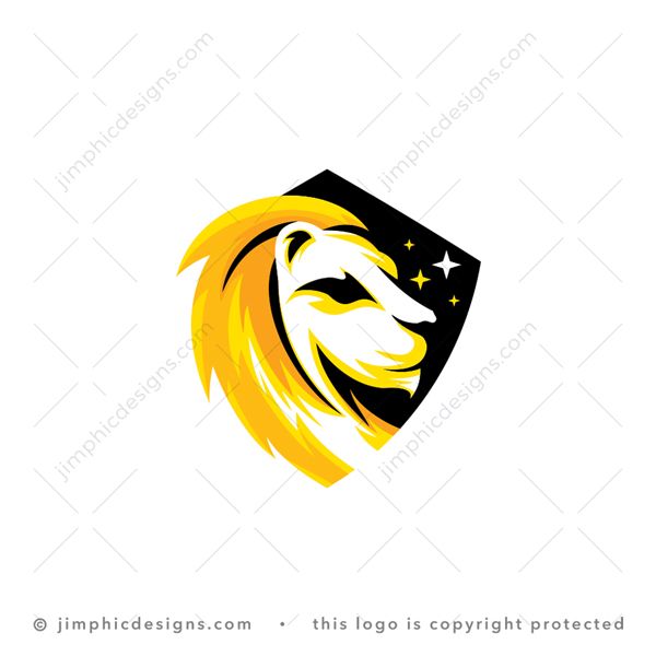 Lion Logo logo for sale: Modern big and fierce golden lion sitting perfectly inside a secure crest shape with stars.