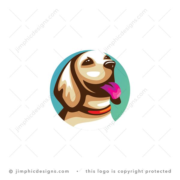 Dog Logo logo for sale: Happy and modern dog design smiling with his tongue sticking out and a red collar around his neck.