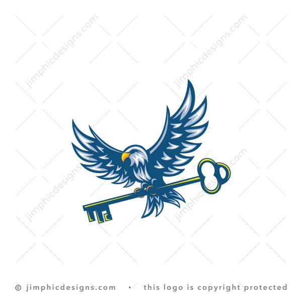 Eagle Key Logo logo for sale: Modern eagle design with his wings wide open carrying a big key in his paws.