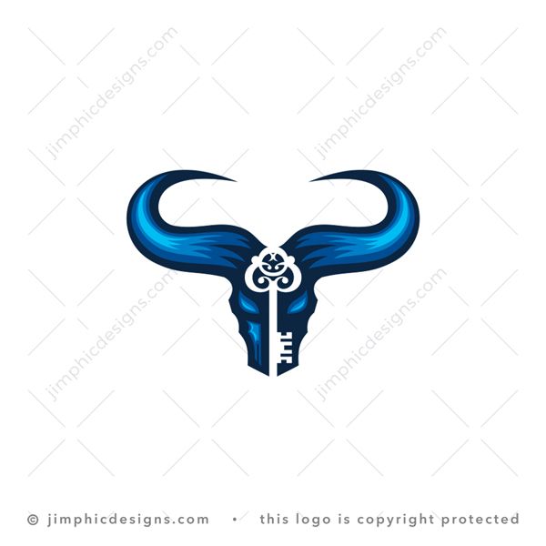 Bull Key Logo logo for sale: Modern and furious bull head design with big horns have a white negative space key incorporated into his face.