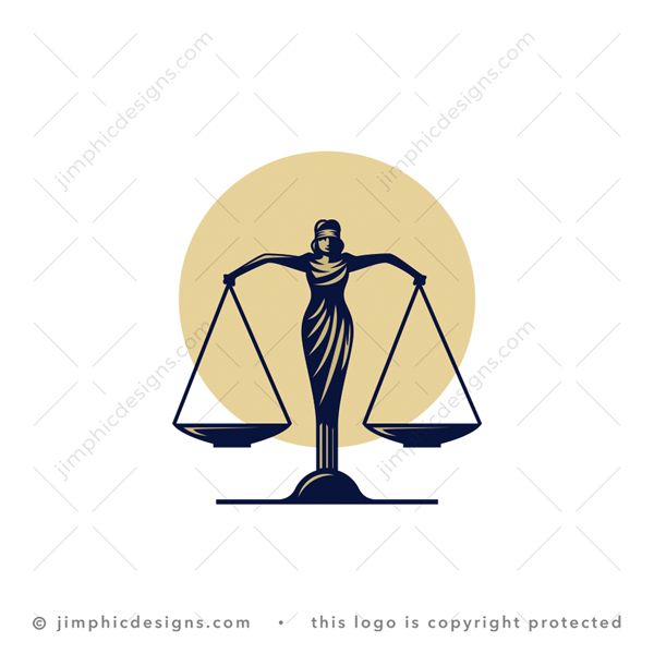 Law Logo logo for sale: Modern lady justice standing on a roman pillar and holding the oversized scales of justice in her hands.