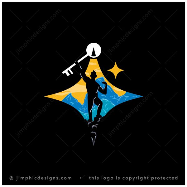 Key Achievement Logo logo for sale: Modern and strong looking person standing on a high mountain peak and holding a big key in the air.