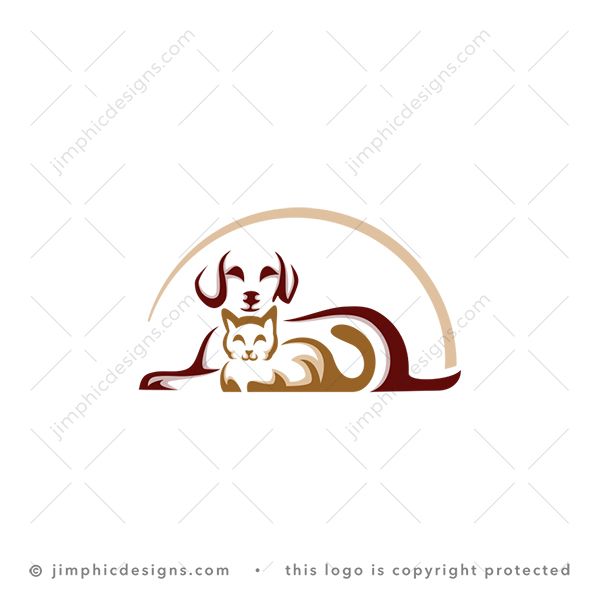 Pets Logo logo for sale: Cute cat and dog lying with each other with smiling faces.