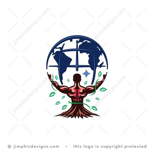 Nature Man Logo logo for sale: Strong muscular man holding his arms in an arch to complete the globe. The muscular person are rooting into the ground with green leaves sprouting from him. His muscles shapes a skull on his back.