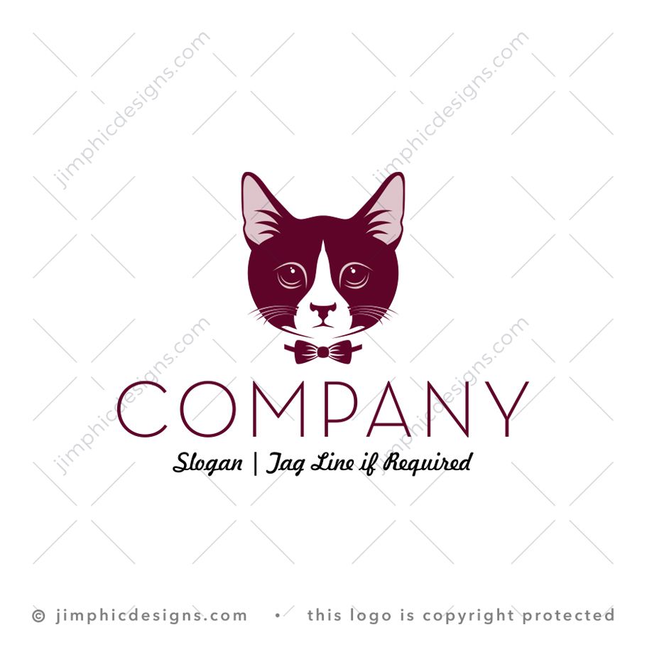 Formal Cat Logo logo for sale: Pet cat design with a straight formal face and a bow tie.