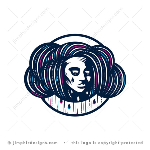 Cloud Lady Logo logo for sale: Modern and detailed female face shown in the clouds interpreted as her stylish hair, with some tears running down her face.