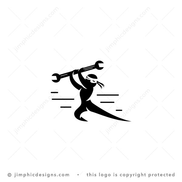 Ninja Mechanic logo for sale: Super slick ninja character are holding a common service tool above his head, and is posing in a attack position. He is ready to face the problem at hand with the correct tool.