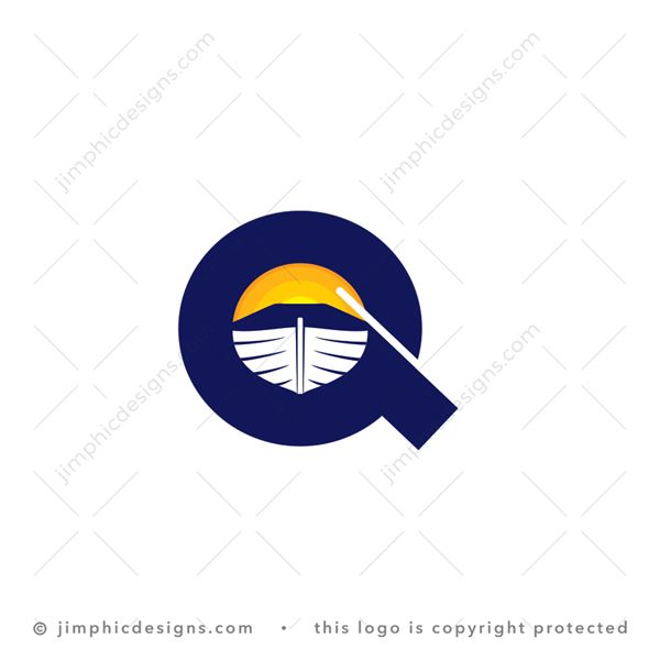 Q Boat Logo logo for sale: Big and bold letter Q design features a sailing boat with his paddle out on one side and the sun in the background.