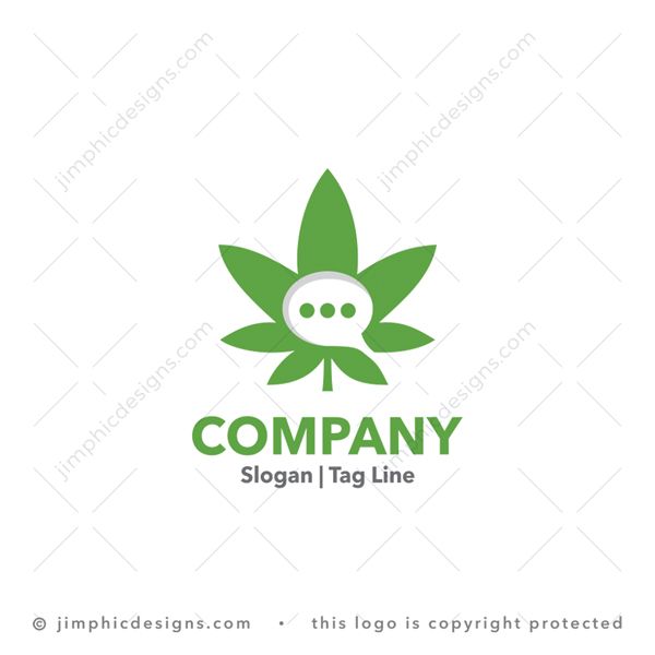 CBD Chat Logo logo for sale: Very simplistic cannabis leaf design with an iconic chat symbol in the center shaped with negative space.