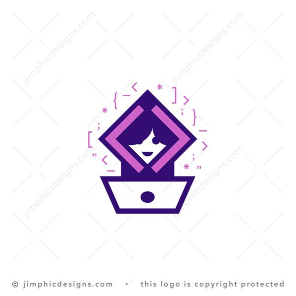 Girl Coder Logo logo for sale: Very simplistic girl coder with her hoody shaped as less than and greater than coding brackets, sitting in front of her laptop.