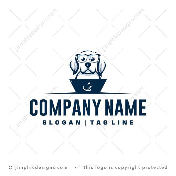 IT Dog Logo logo for sale: Modern dog design with oversized nerdy glasses on his face sitting in front of a laptop computer.