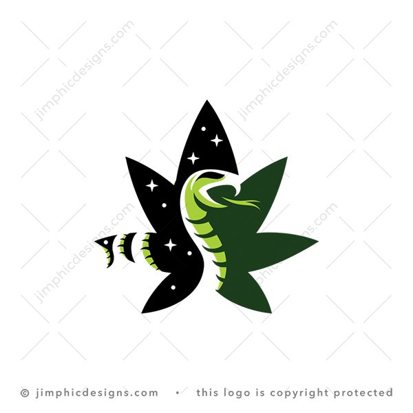 Cbd Snake Logo logo for sale: Iconic cannabis leaf featuring a big snake in the center with a starry background.