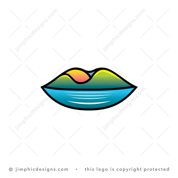 Landscape Lips Logo logo for sale: Beautiful nature landscape scene featuring two hills and a big lake with the sun behind is shaped inside iconic lips design.