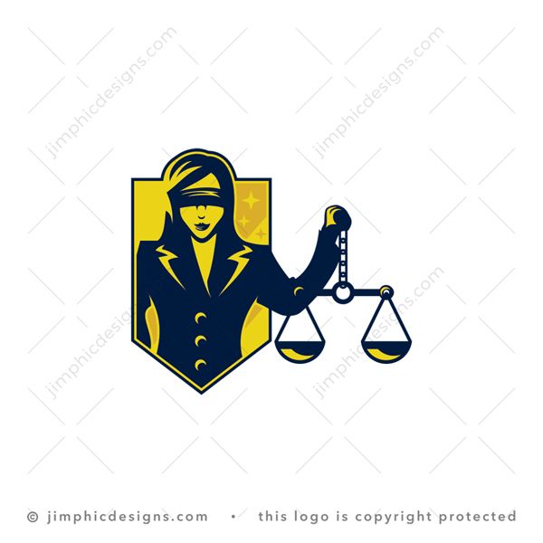 Law Logo logo for sale: Modern female figure standing tall inside a shield blindfolded and holding the scales of justice up high.