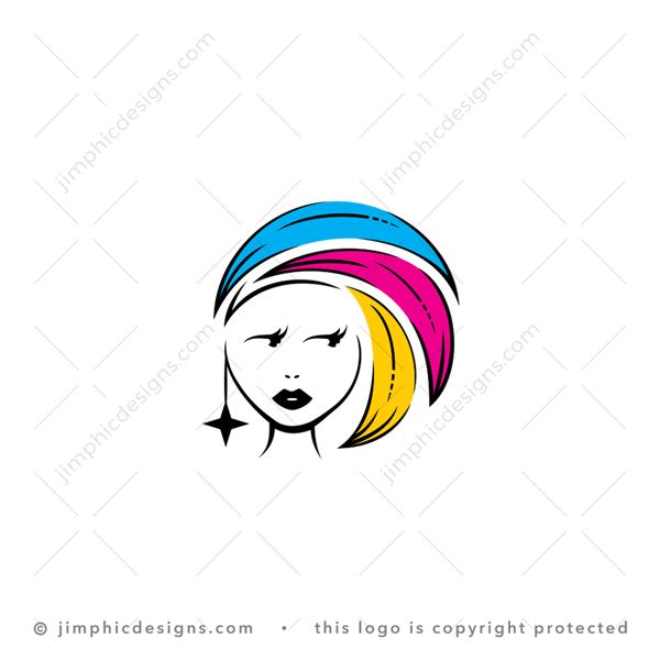 Ink Girl Logo logo for sale: Female character with locks of hair flipping to one side. Each hair section features a bright printing color.