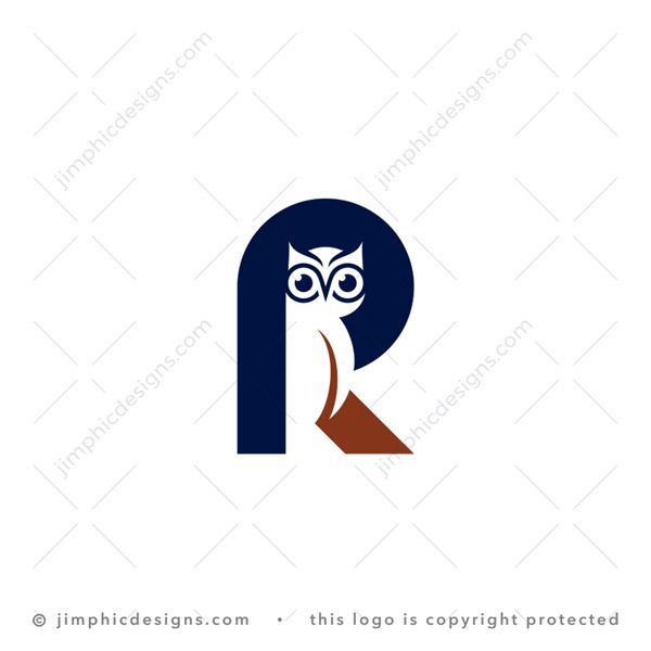 R Owl Logo logo for sale: Charming little owl design shaped in white with the uppercase letter R surrounding.