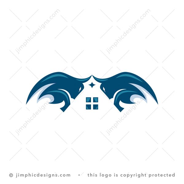 Bull House Logo logo for sale: Two modern bull designs charging at each other which in effect creates a negative space house graphic.