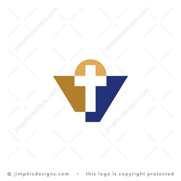 Letter V Cross Logo logo for sale: Sleek letter V design features a big Christian cross inside with the sun on the horizon on top.