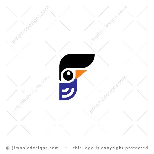 Letter F Bird Logo logo for sale: Simplistic bird with an iconic hairstyle on top shapes an uppercase letter F design.