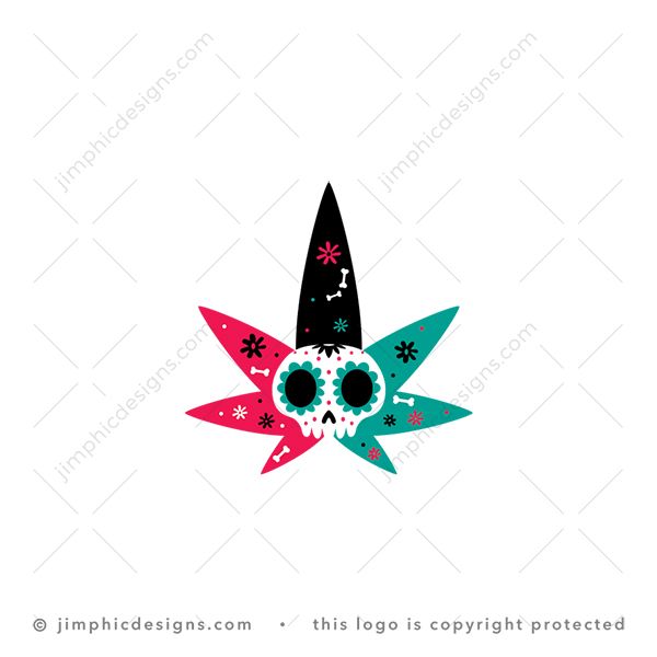 Mexican Themed Cbd Logo logo for sale: Charming Mexican skull inside an iconic cannabis leaf featuring small bones and flower graphics.