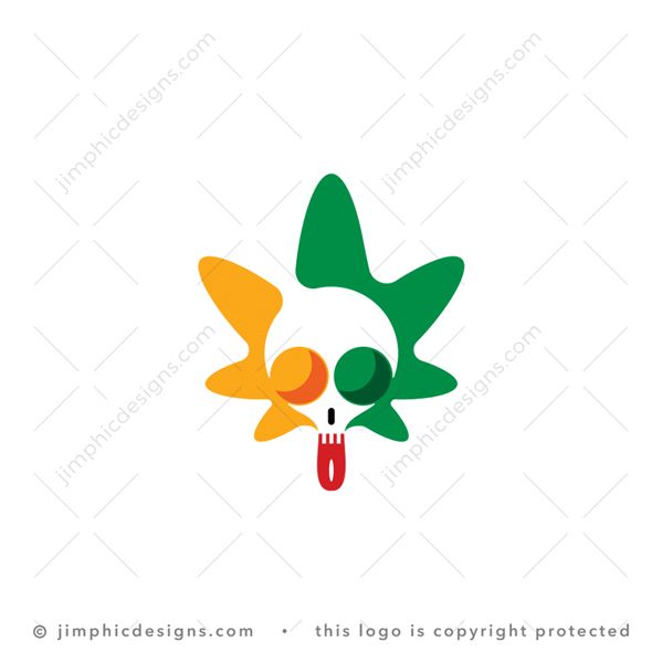 Skull Cannabis Logo logo for sale: Modern and simplistic cannabis leaf shaped around a skull head sticking out his tongue, in the three Rastafarian colors.