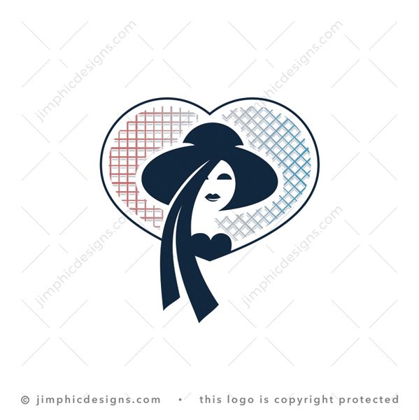 Love Lady Logo logo for sale: Charming little female character wearing a big fashion hat inside a big heart with a smaller heart on her chest.