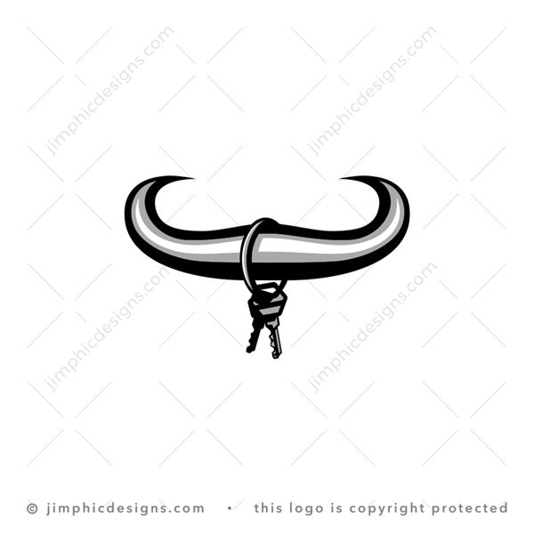 Bull Keys Logo logo for sale: Modern and smooth big bull horns with a set of keys hanging off the horns.