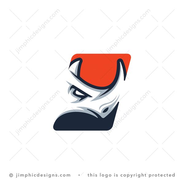 Rhino Logo logo for sale: Modern rhino head in a moving motion in white negative space in a block.