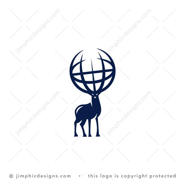 Globe Deer Logo logo for sale: Smooth and simplistic deer graphic looking straight with his head tilted to the side slightly and his horns in the shape of a globe.