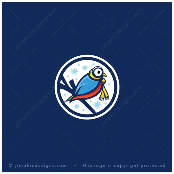 Scarf Bird Logo logo for sale: Modern bird design with a scarf around his neck sitting on a branch in the winter season.