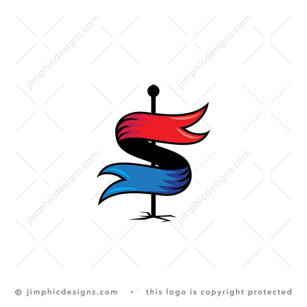 S Flag Logo logo for sale: Sleek letter S is shaped with a flag curved around a pole stuck into the ground, floating in opposite directions.