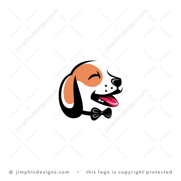 Dog Logo logo for sale: Charming dog with a big smile on his face wearing a bow tie around his neck.