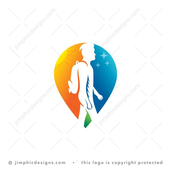 Hike Logo logo for sale: Iconic marker design featuring a white negative space figure walking with a backpack on his back.