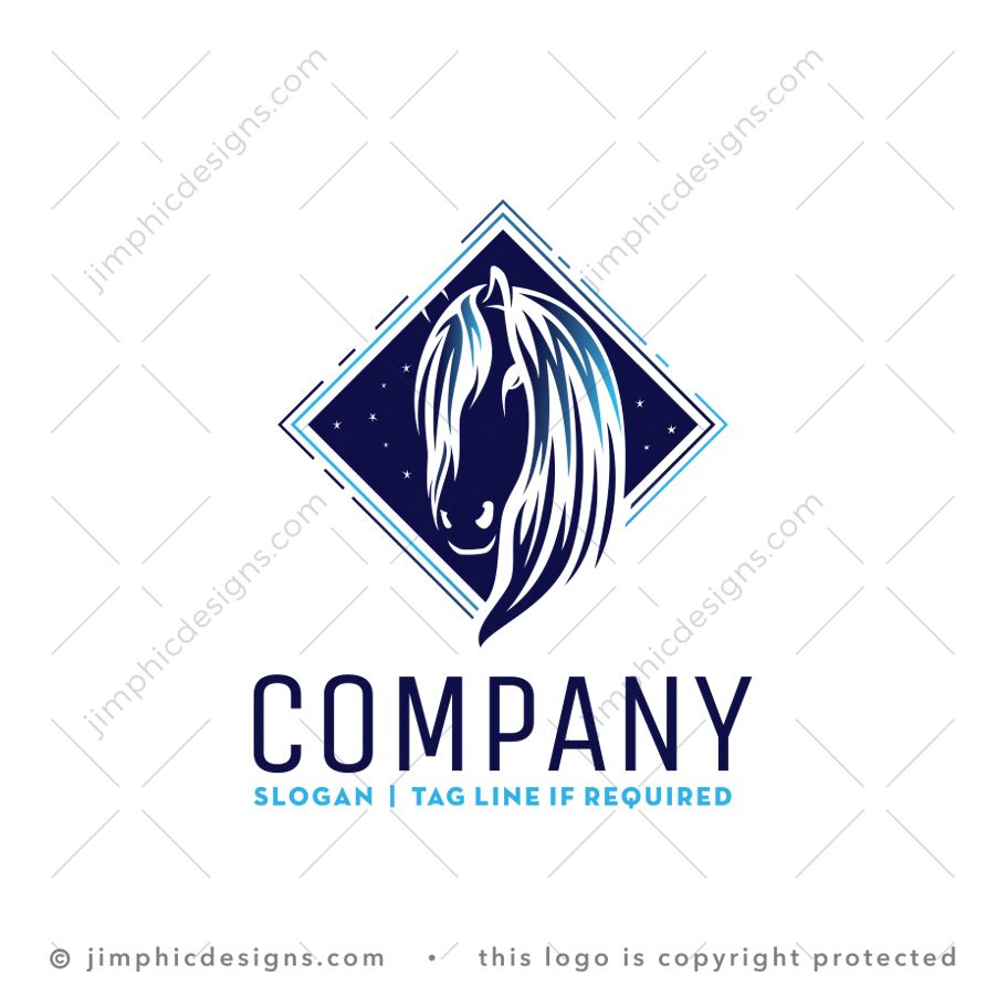 Dark Horse Logo logo for sale: Horse head with long mane hair is shaped inside a diamond shape with stars in the background to represent the night time.