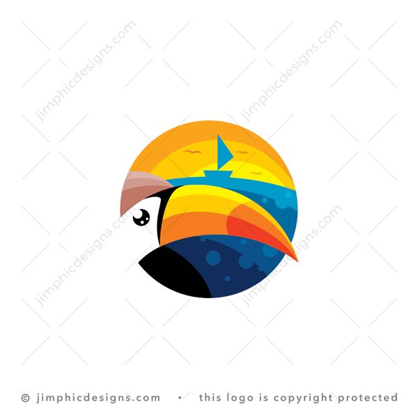 Toucan Travel Logo logo for sale: Cute toucan bird head in the center of a coastal scene featuring the beach, sea and sun.