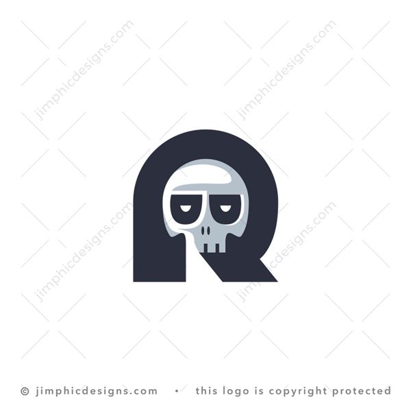 Skull R Logo logo for sale: Smooth and clean letter R featuring a white negative space skull in the middle. 