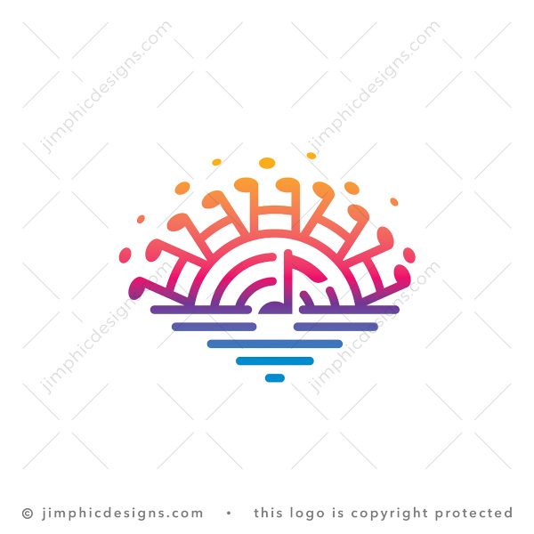 Sunrise Music Logo logo for sale: Simplistic sunrise is shaped with musical notes on a lake or ocean.