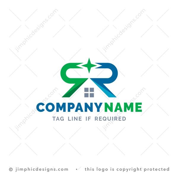 RR House Logo logo for sale: Modern and simplistic roof design is shaped with two uppercase letters R facing away from each other with a star in the center.