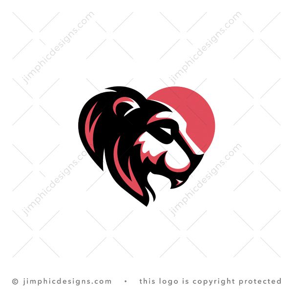 Lion Heart Logo logo for sale: Lion head is shaped with his mane shaping the one side of the heart while the other is shaped with the sun in the background.