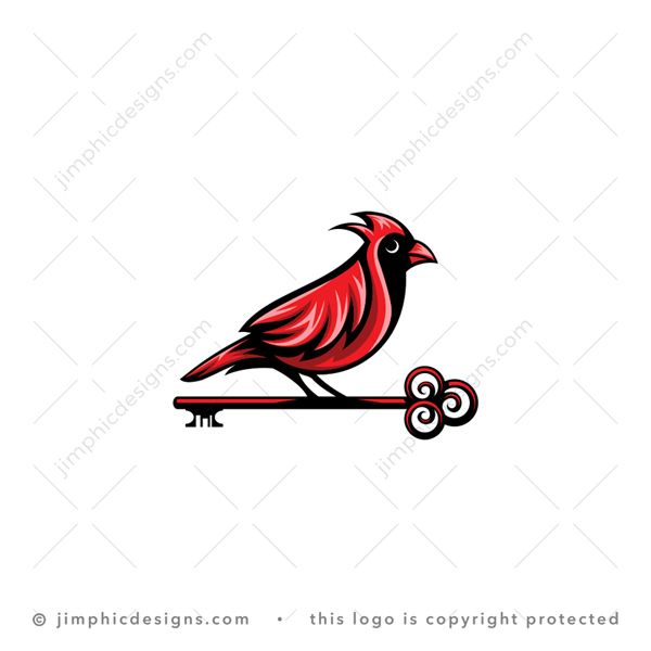 Cardinal Key Logo logo for sale: Modern and elegant red cardinal bird standing proudly on a big key.